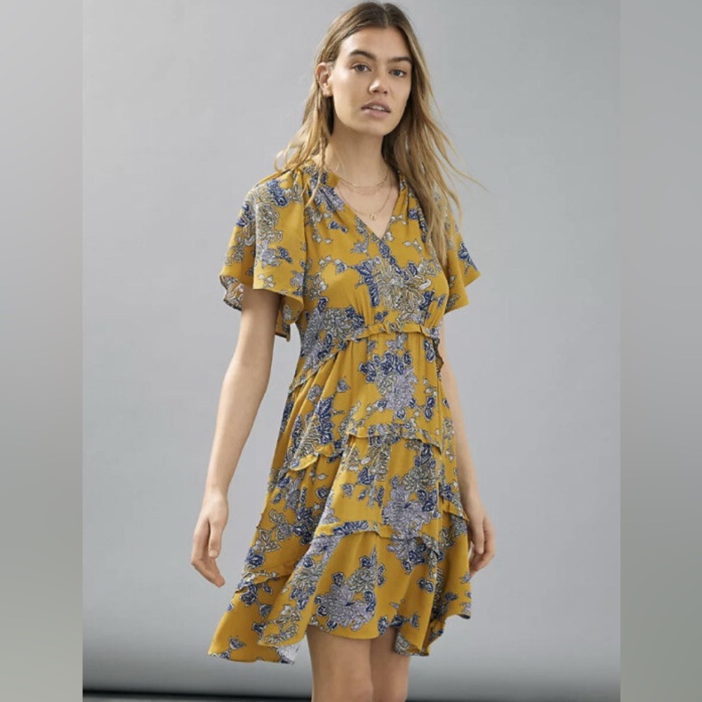 By Anthropologie Sz XS Robin Tiered Floral Yellow Boho Mini Dress